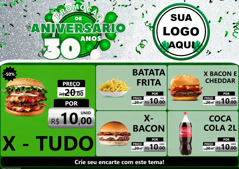 Modelo de Encarte para Encarte A4 Horizontal com o tema Promoção de Aniversário - 30 Anos para Hamburgueria