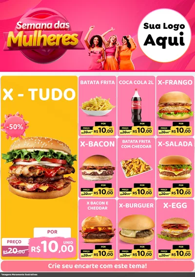 Modelo de Encarte para Encarte A4 Vertical com o tema Semana das Mulheres para Hamburgueria