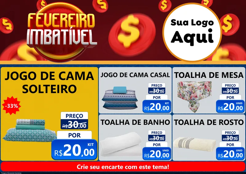 Modelo de Encarte para Encarte A4 Horizontal com o tema Fevereiro Imbatível para Cama, Mesa e Banho