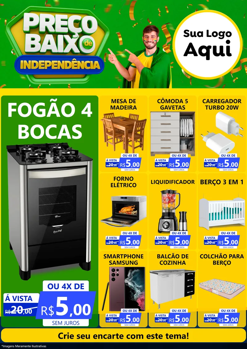 Modelo de Encarte para Encarte A4 Vertical com o tema Preço Baixo de Independência para Móveis e Eletro