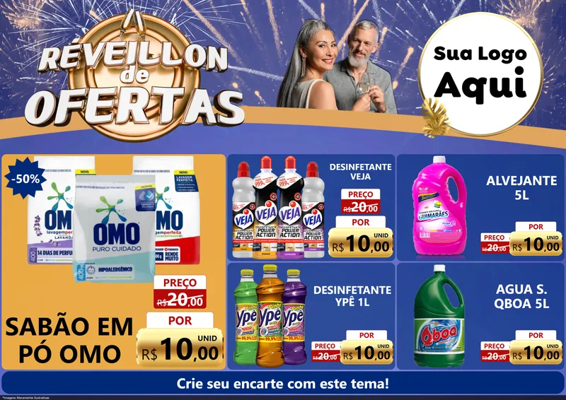 Modelo de Encarte para Encarte A4 Horizontal com o tema Réveillon de Ofertas para Produtos de Limpeza