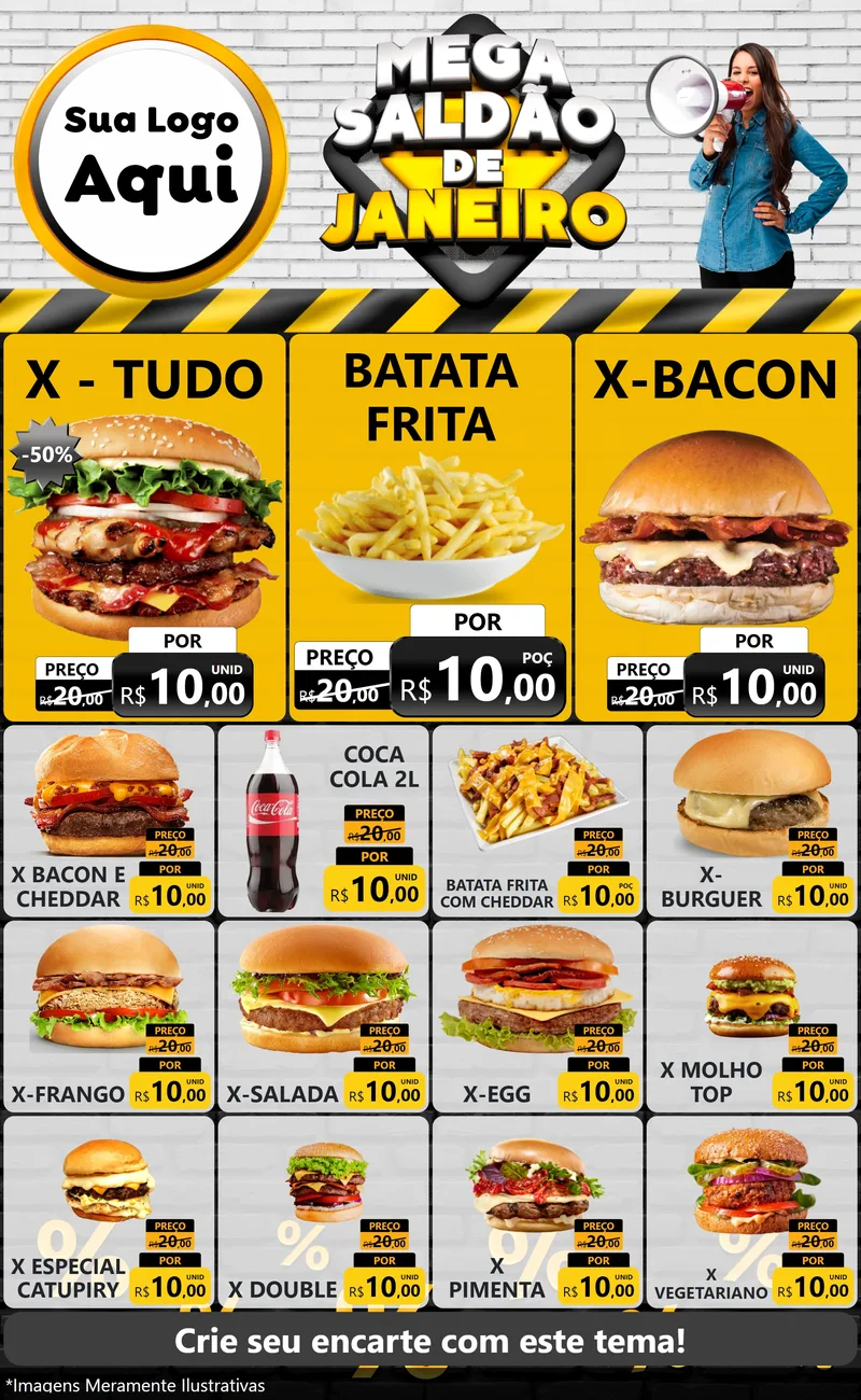 Modelo de Encarte para Encarte Grande com o tema Mega Saldão de Janeiro para Hamburgueria