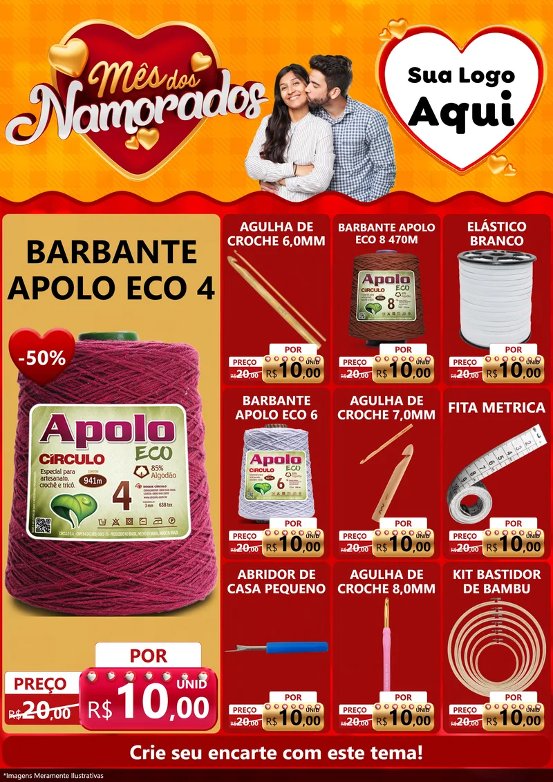 Modelo de Encarte para Encarte A4 Vertical com o tema Mês dos Namorados para Armarinho e Aviamentos