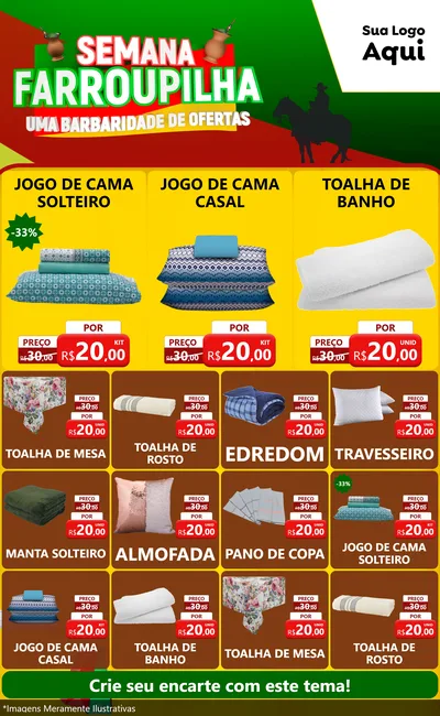Modelo de Encarte para Encarte Grande com o tema Semana Farroupilha - Uma Barbaridade de Ofertas para Cama, Mesa e Banho