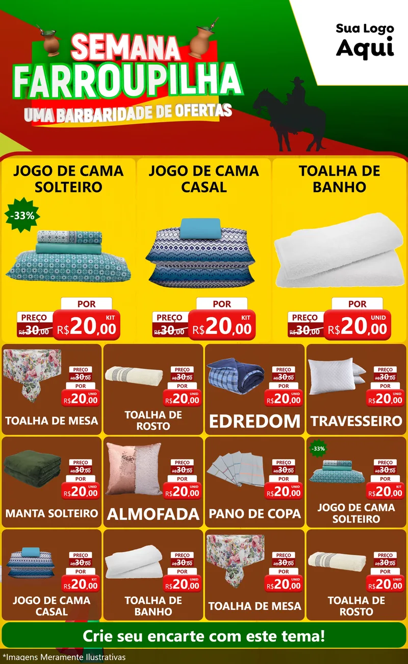 Modelo de Encarte para Encarte Grande com o tema Semana Farroupilha - Uma Barbaridade de Ofertas para Cama, Mesa e Banho