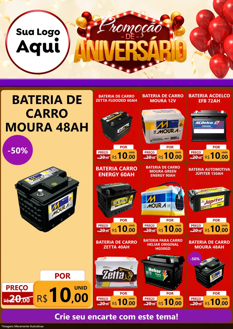 Modelo de Encarte para Encarte A4 Vertical com o tema Promoção de Aniversário para Baterias Elétricas