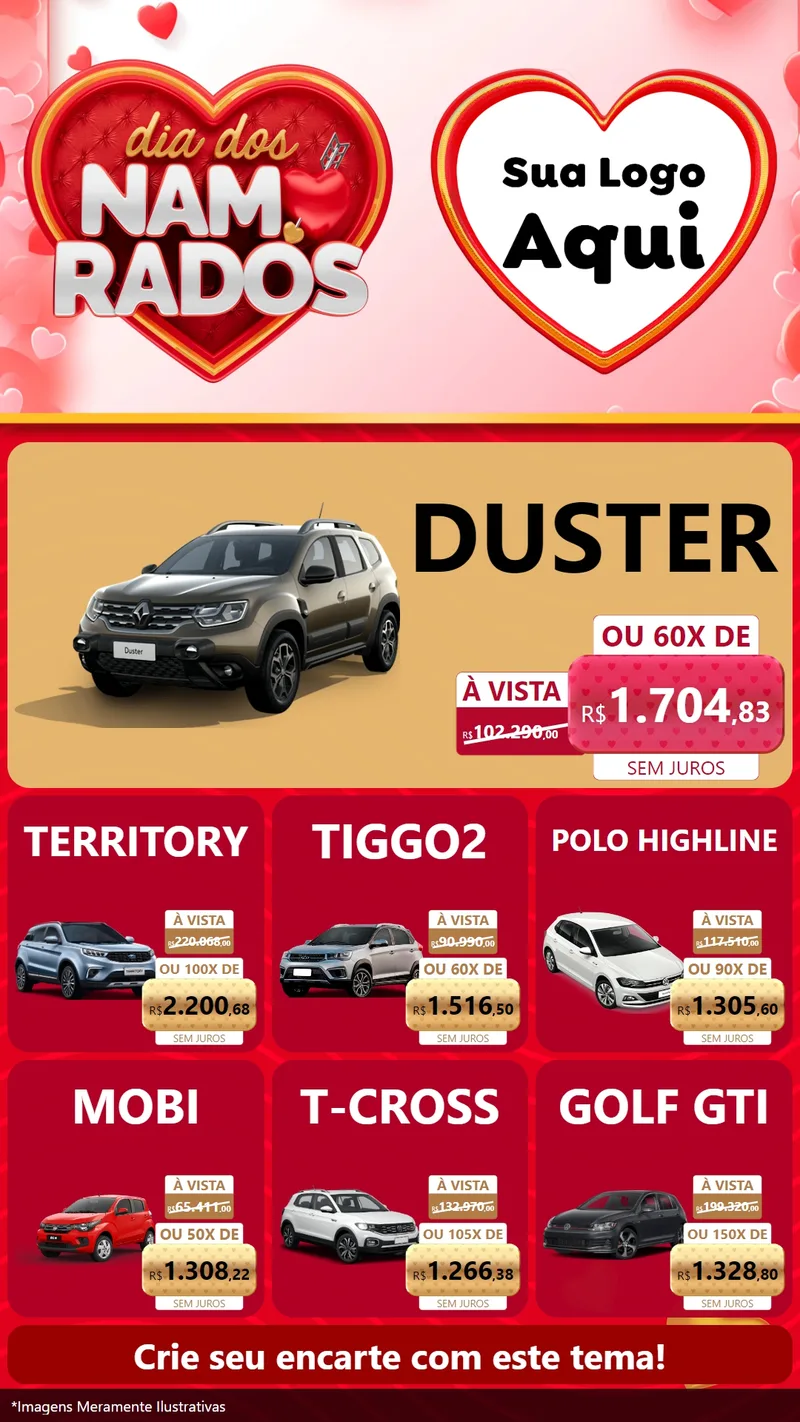 Modelo de Rede Social para Stories com o tema Dia dos Namorados para Concessionaria de Carros