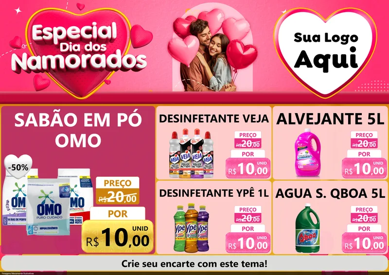 Modelo de Encarte para Encarte A4 Horizontal com o tema Especial Dia dos Namorados para Produtos de Limpeza