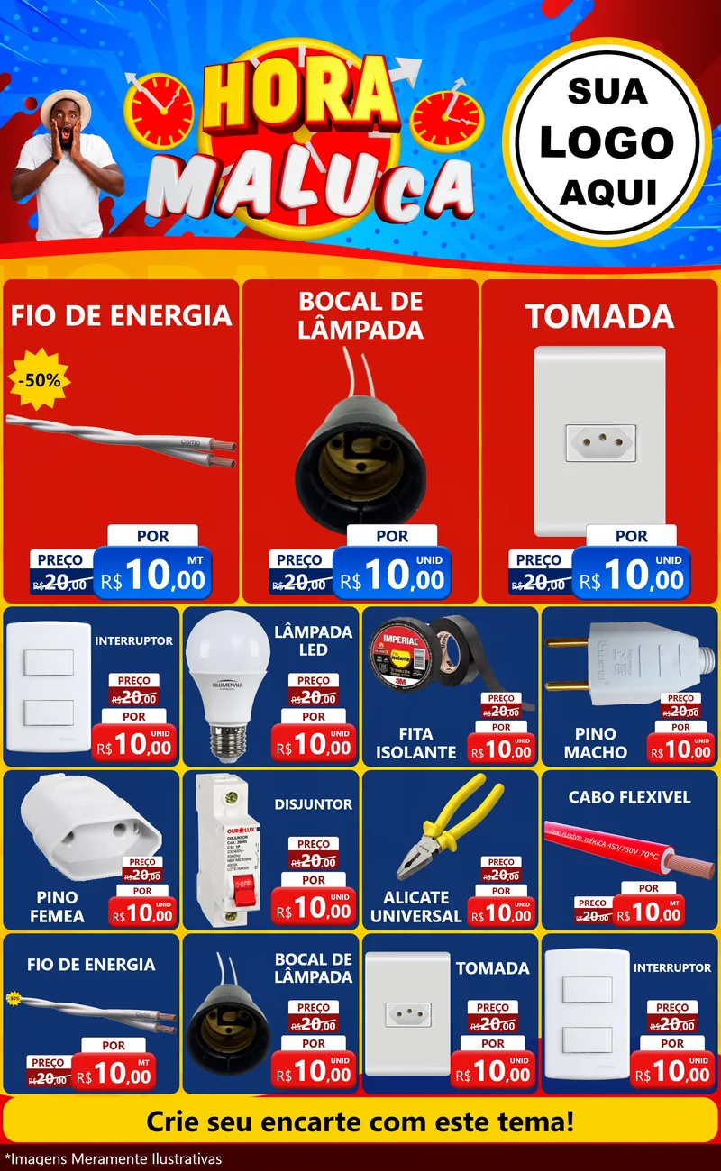 Modelo de Encarte para Encarte Grande com o tema Hora Maluca para Materiais Elétricos