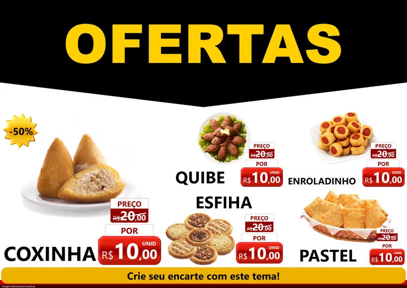 Modelo de Encarte para Encarte A4 Horizontal com o tema Ofertas Preto e Vermelho Cartaz para Salgadaria
