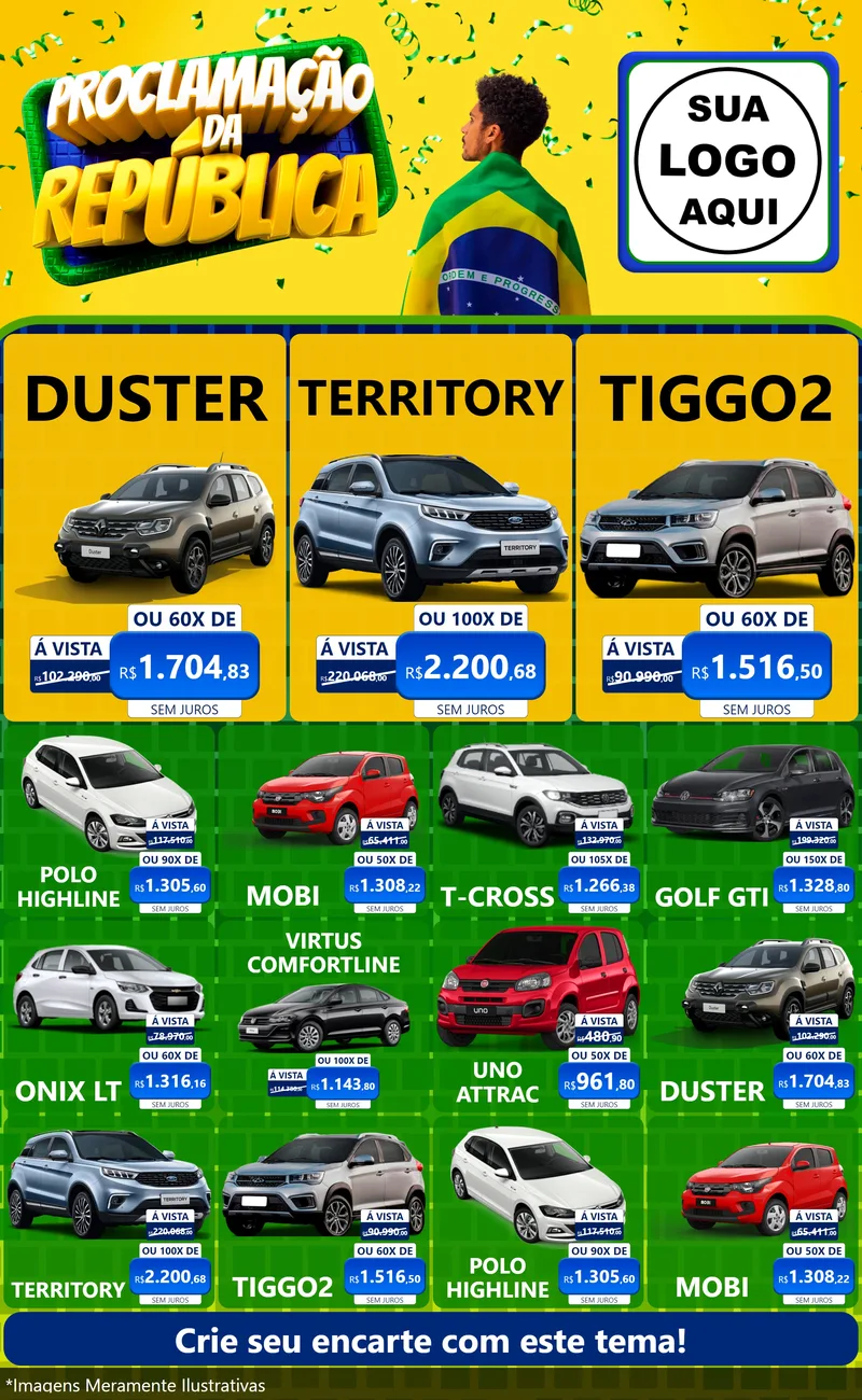 Modelo de Encarte para Encarte Grande com o tema Proclamação da República para Concessionaria de Carros