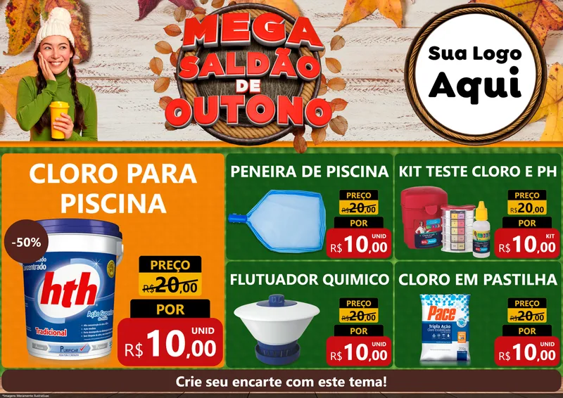 Modelo de Encarte para Encarte A4 Horizontal com o tema Mega Saldão de Outono para Produtos para Piscina