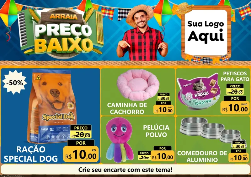 Modelo de Encarte para Encarte A4 Horizontal com o tema Arraiá de Preço Baixo - Junina para Pet Shop