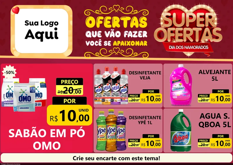 Modelo de Encarte para Encarte A4 Horizontal com o tema Dia dos Namorados para Produtos de Limpeza