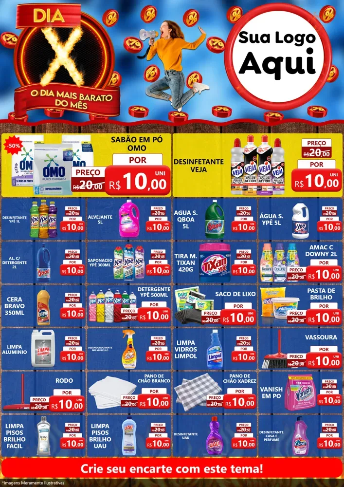 Modelo de Encarte para Encarte A4 Vertical com o tema Dia X - O Dia Mais Barato Do Mês para Produtos de Limpeza