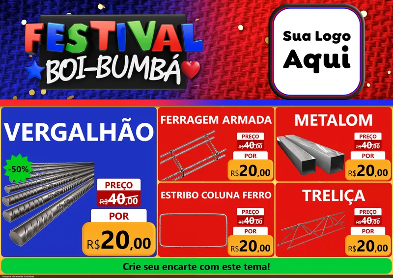 Modelo de Encarte para Encarte A4 Horizontal com o tema Festival Boi-Bumbá para Ferragens
