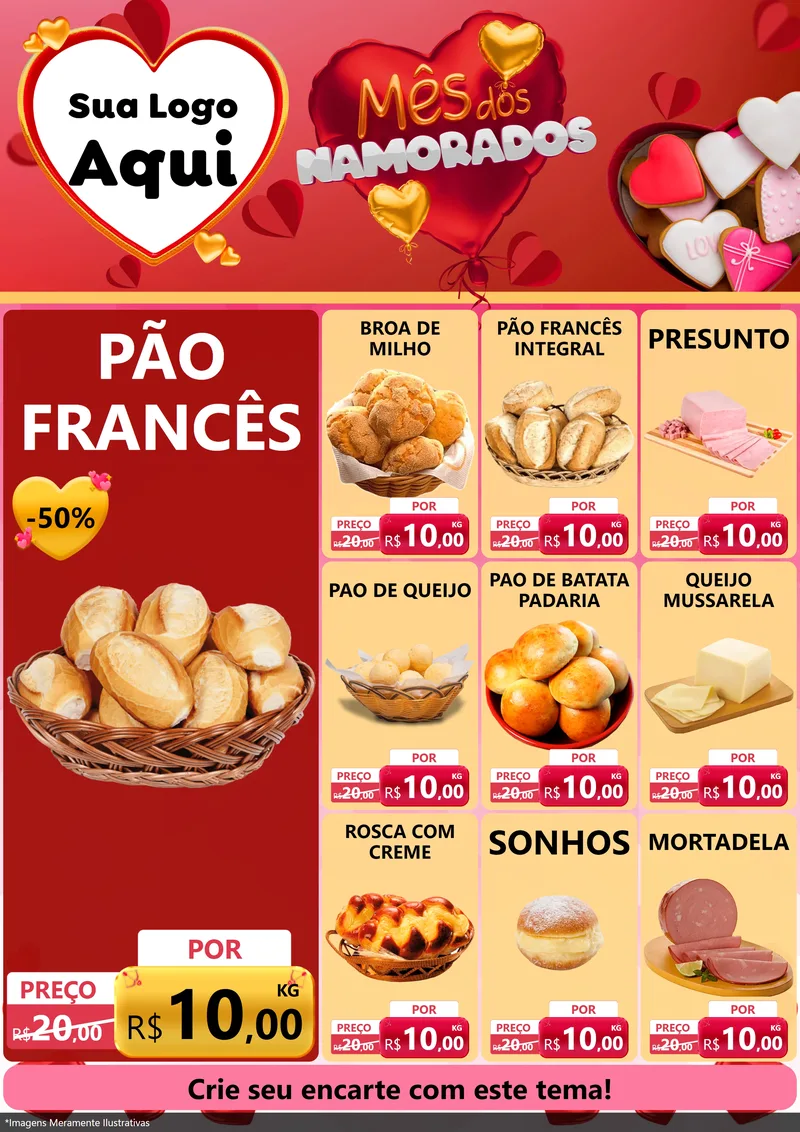 Modelo de Encarte para Encarte A4 Vertical com o tema Mês dos Namorados para Padaria