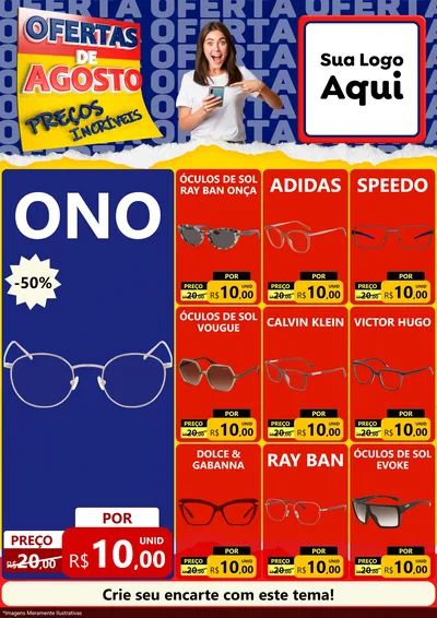 Modelo de Encarte para Encarte A4 Vertical com o tema Ofertas de Agosto - Preços Incríveis para Óticas