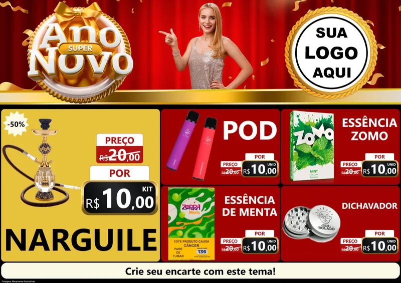 Modelo de Encarte para Encarte A4 Horizontal com o tema Super Ano Novo para Tabacaria