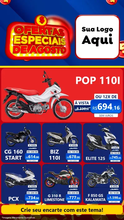 Modelo de Rede Social para Stories com o tema Ofertas Especiais de Agosto para Concessionaria de Motos