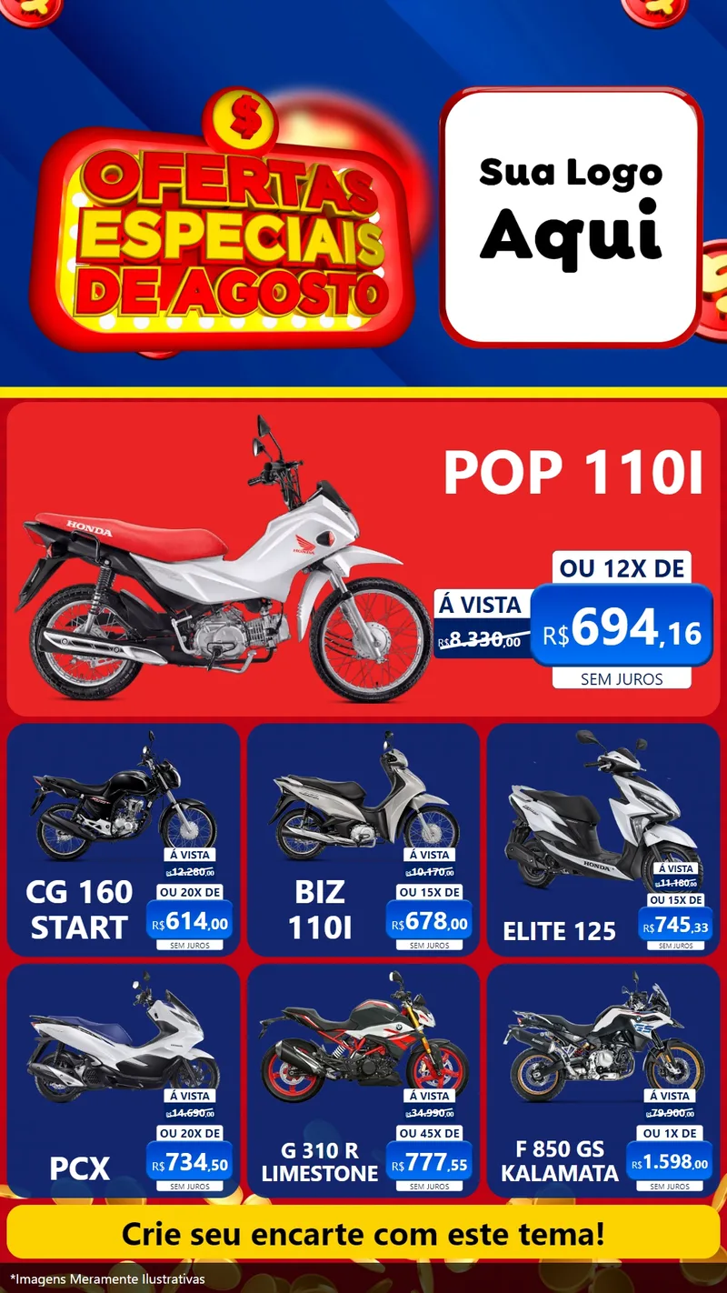Modelo de Rede Social para Stories com o tema Ofertas Especiais de Agosto para Concessionaria de Motos