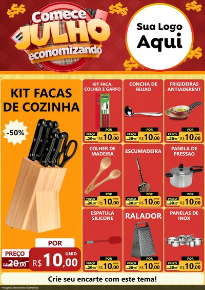 Modelo de Encarte para Encarte A4 Vertical com o tema Comece Julho Economizando para Utilidades Domésticas