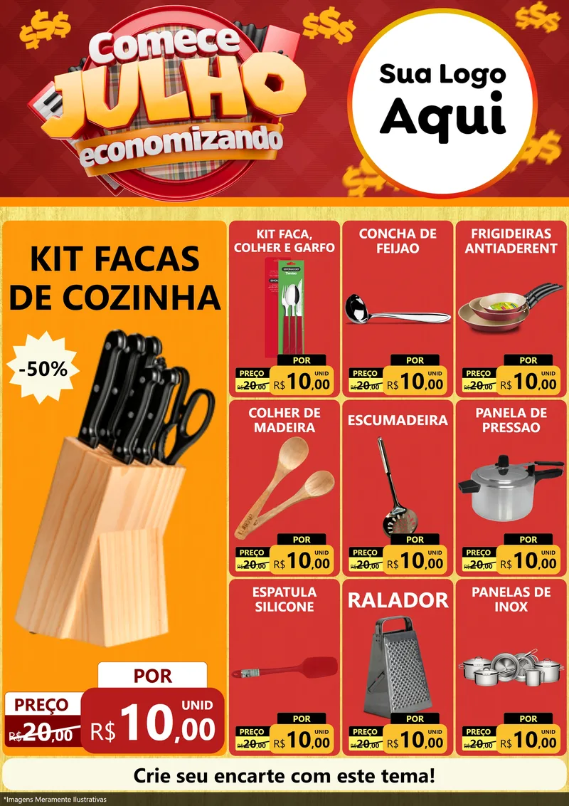 Modelo de Encarte para Encarte A4 Vertical com o tema Comece Julho Economizando para Utilidades Domésticas