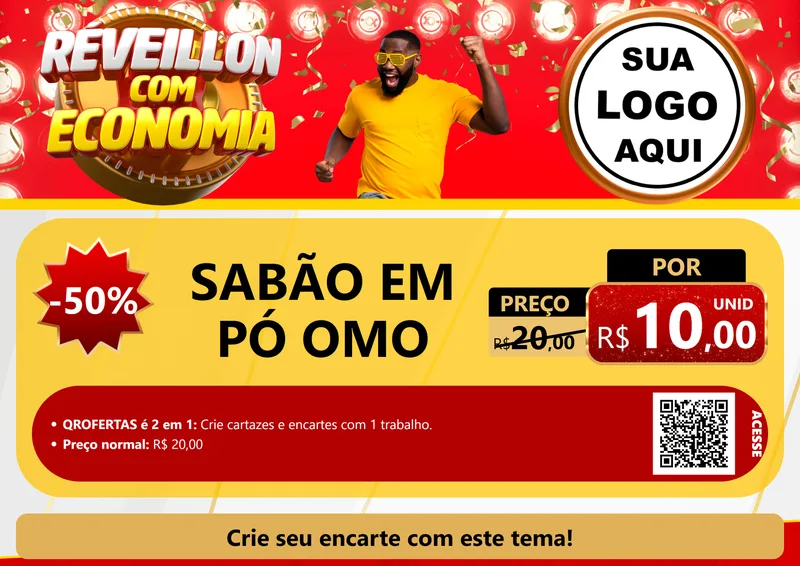 Modelo de Cartaz para Cartaz A4 Horizontal com o tema Réveillon com Economia para Produtos de Limpeza