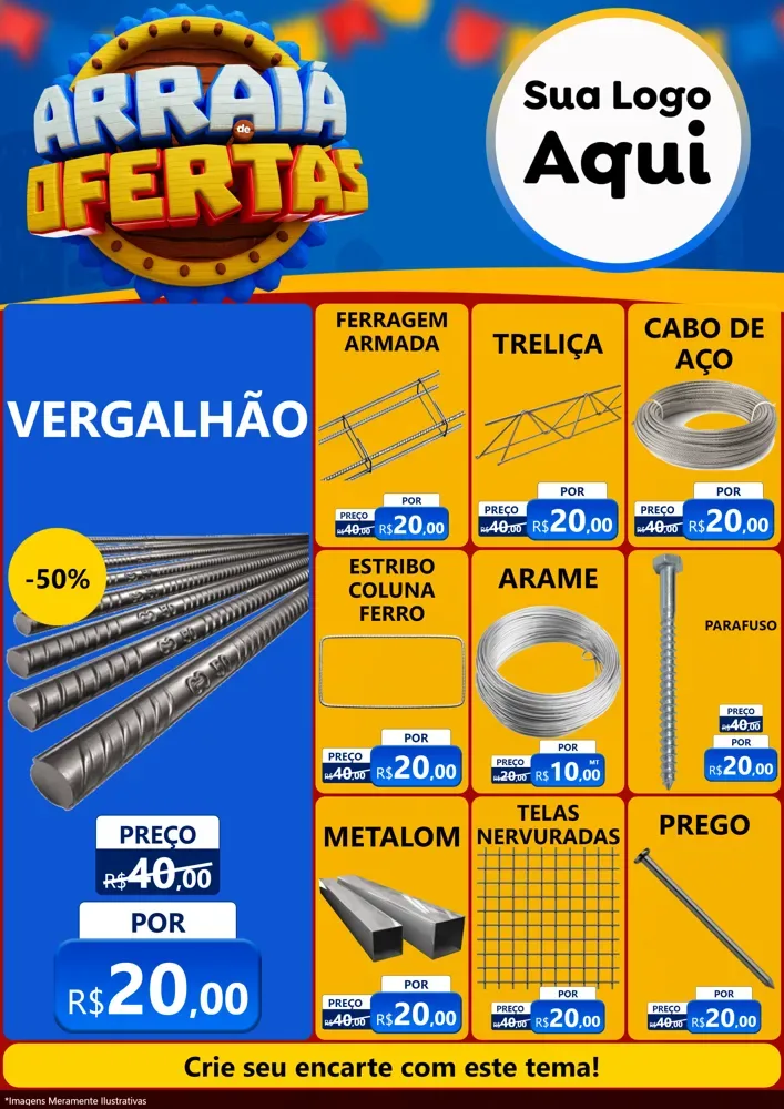 Modelo de Encarte para Encarte A4 Vertical com o tema Arraiá de Ofertas - Junina para Ferragens