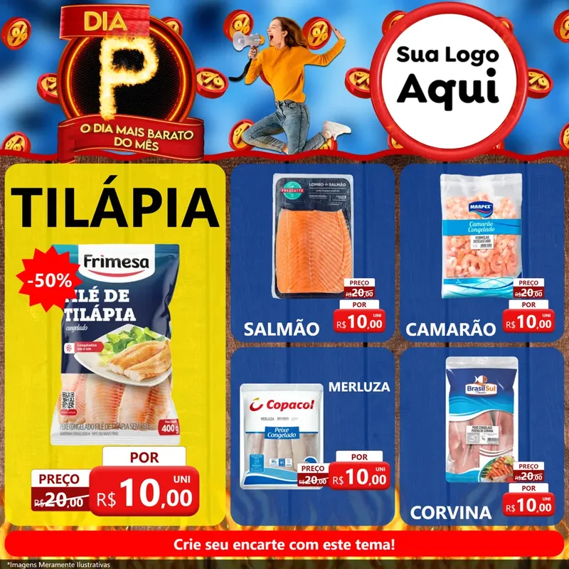 Modelo de Rede Social para Feed Facebook com o tema Dia P - O Dia Mais Barato Do Mês para Peixaria
