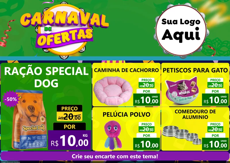 Modelo de Encarte para Encarte A4 Horizontal com o tema Carnaval de Ofertas para Pet Shop