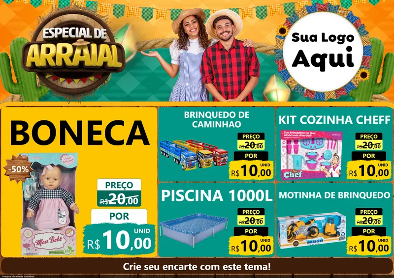 Modelo de Encarte para Encarte A4 Horizontal com o tema Especial De Arraial para Brinquedos
