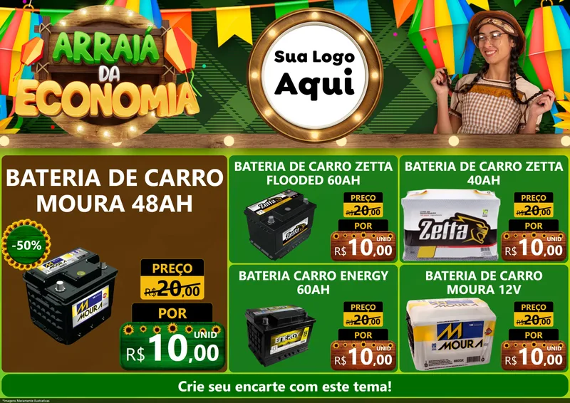 Modelo de Encarte para Encarte A4 Horizontal com o tema Arraiá de Economia para Baterias Elétricas
