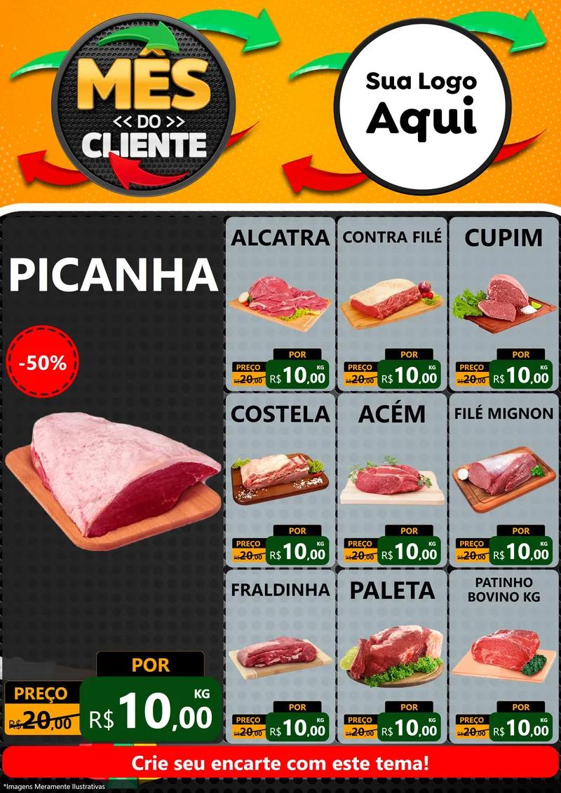 Modelo de Encarte para Encarte A4 Vertical com o tema Mês do Cliente para Açougue
