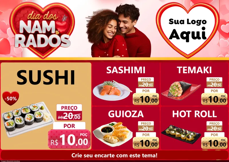 Modelo de Encarte para Encarte A4 Horizontal com o tema Dia dos Namorados para Comida japonesa