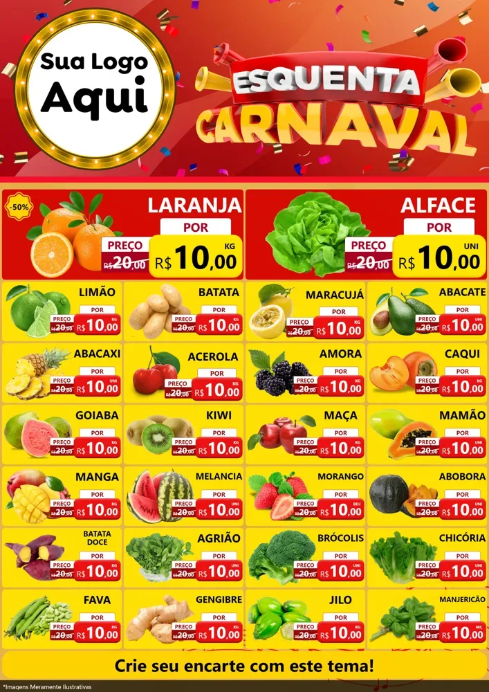 Modelo de Encarte para Encarte A4 Vertical com o tema Esquenta Carnaval para Hortifrúti