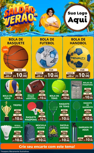 Modelo de Encarte para Encarte Grande com o tema Saldão de Verão para Artigos Esportivos