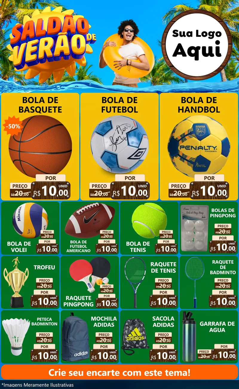 Modelo de Encarte para Encarte Grande com o tema Saldão de Verão para Artigos Esportivos