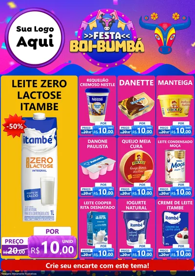 Modelo de Encarte para Encarte A4 Vertical com o tema Festa Boi-Bumbá para Frios e Laticínios