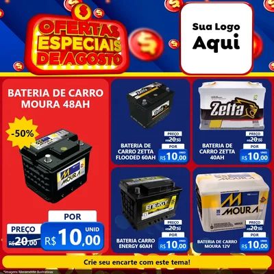 Modelo de Rede Social para Feed Facebook com o tema Ofertas Especiais de Agosto para Baterias Elétricas