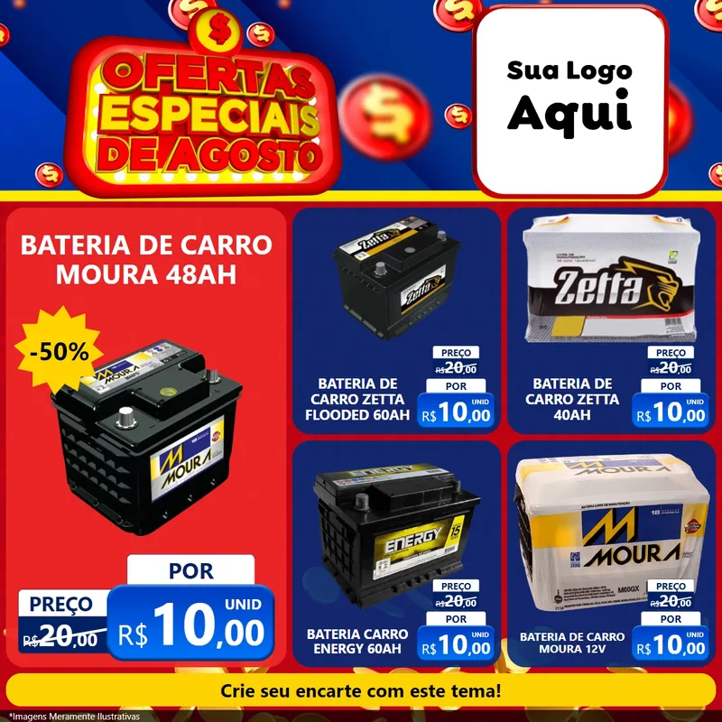 Modelo de Rede Social para Feed Facebook com o tema Ofertas Especiais de Agosto para Baterias Elétricas
