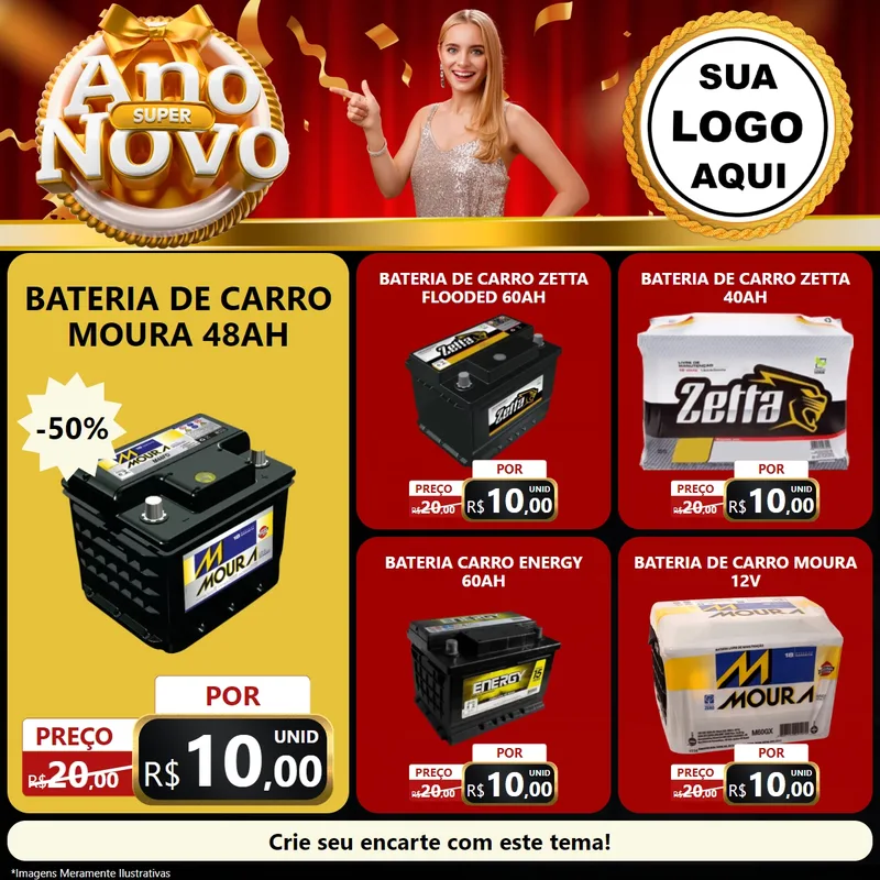 Modelo de Rede Social para Feed Facebook com o tema Super Ano Novo para Baterias Elétricas