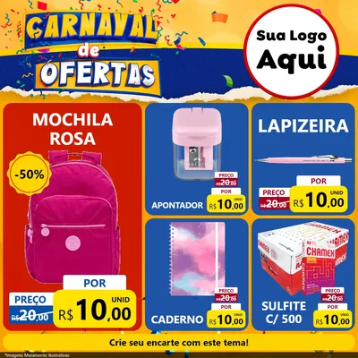 Modelo de Rede Social para Feed Facebook com o tema Carnaval de Ofertas para Papelaria