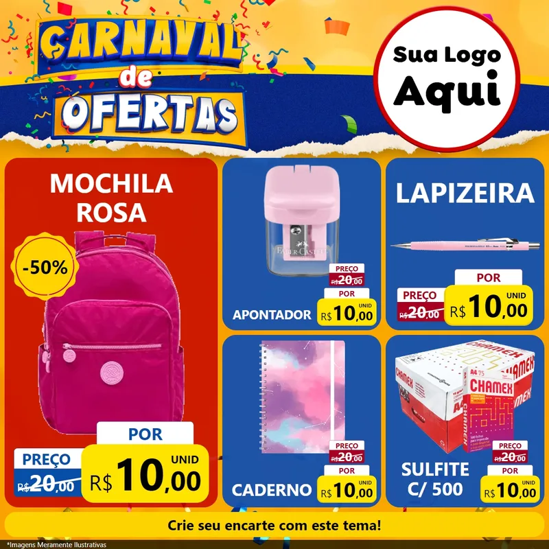 Modelo de Rede Social para Feed Facebook com o tema Carnaval de Ofertas para Papelaria