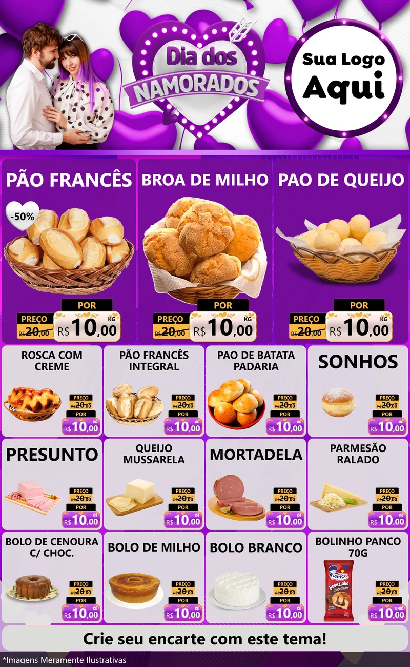 Modelo de Encarte para Encarte Grande com o tema Dia dos Namorados para Padaria