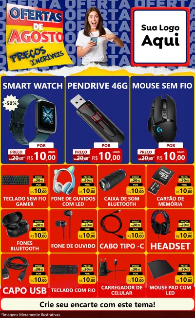 Modelo de Encarte para Encarte Grande com o tema Ofertas de Agosto - Preços Incríveis para Informática