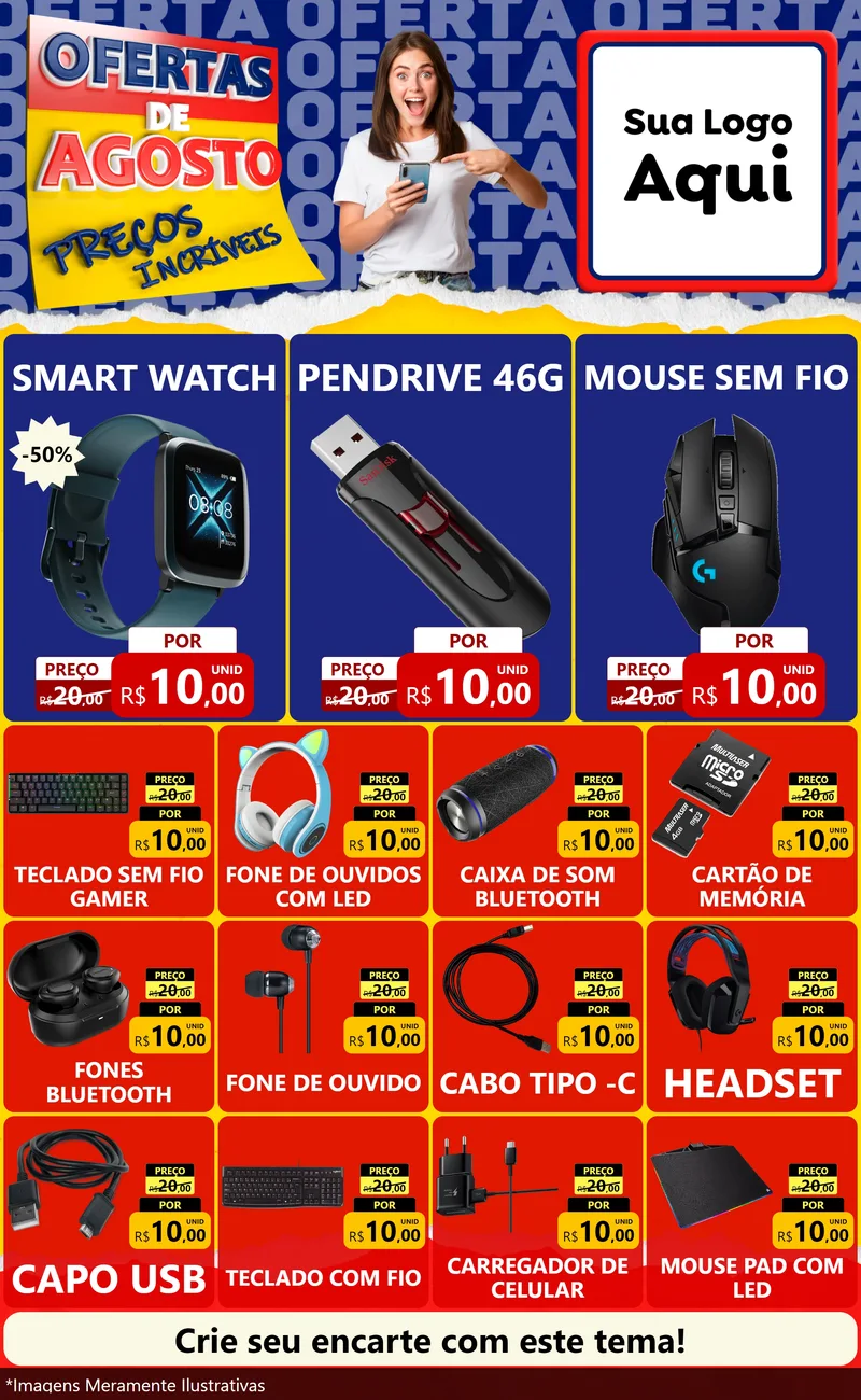 Modelo de Encarte para Encarte Grande com o tema Ofertas de Agosto - Preços Incríveis para Informática
