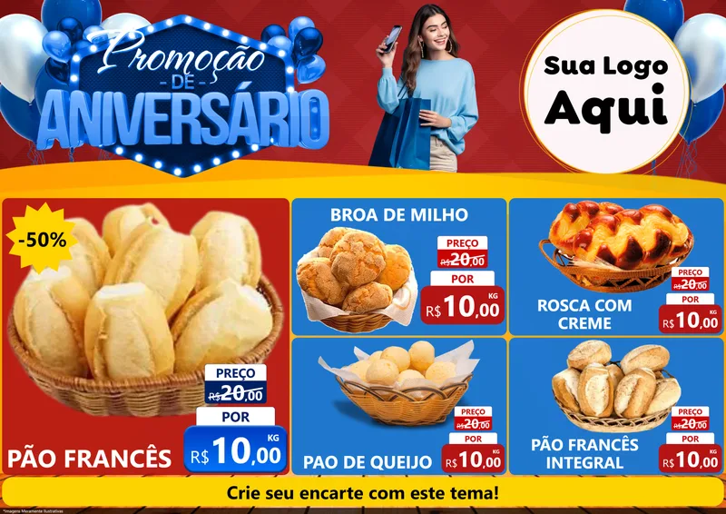 Modelo de Encarte para Encarte A4 Horizontal com o tema Promoção de Aniversário para Padaria
