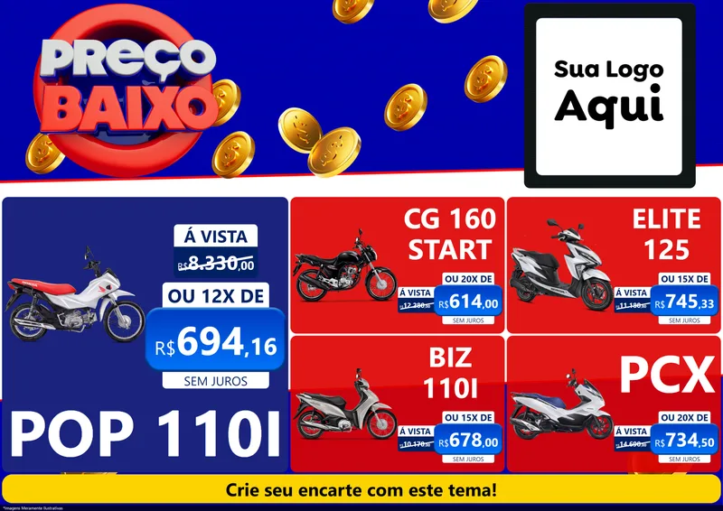Modelo de Encarte para Encarte A4 Horizontal com o tema Preço Baixo para Concessionaria de Motos