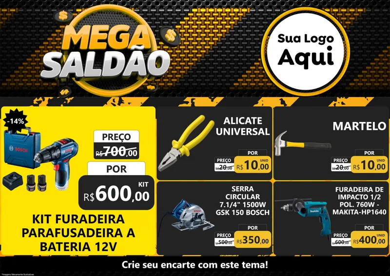 Modelo de Encarte para Encarte A4 Horizontal com o tema Mega Saldão para Maquinas e Ferramentas